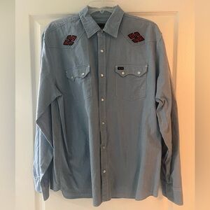 Howler Brothers Light Blue Pearl Snap Shirt with Red Design